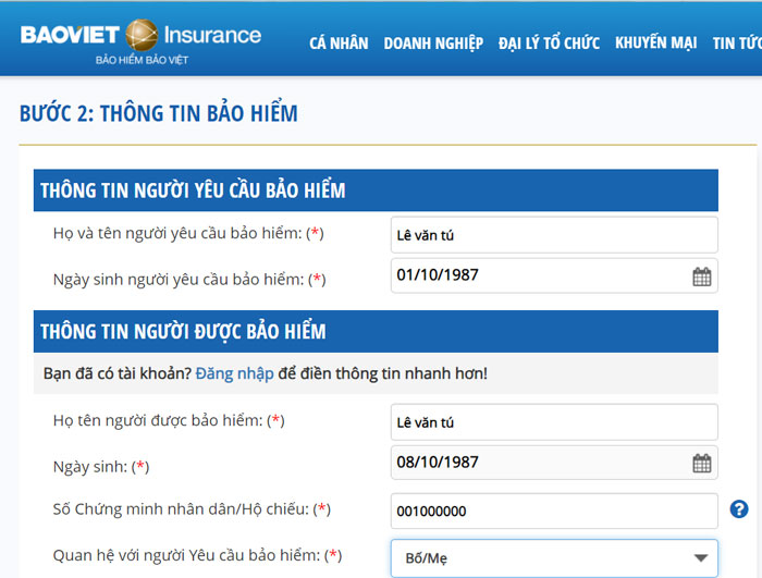 Bước 2 điền đầy đủ thông tin mua bảo hiểm sức khỏe Bảo Việt.